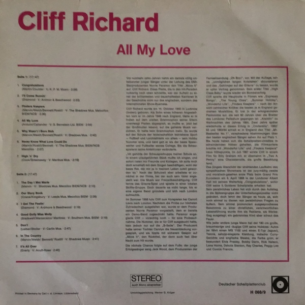 Cliff Richard All My Love ex/ex